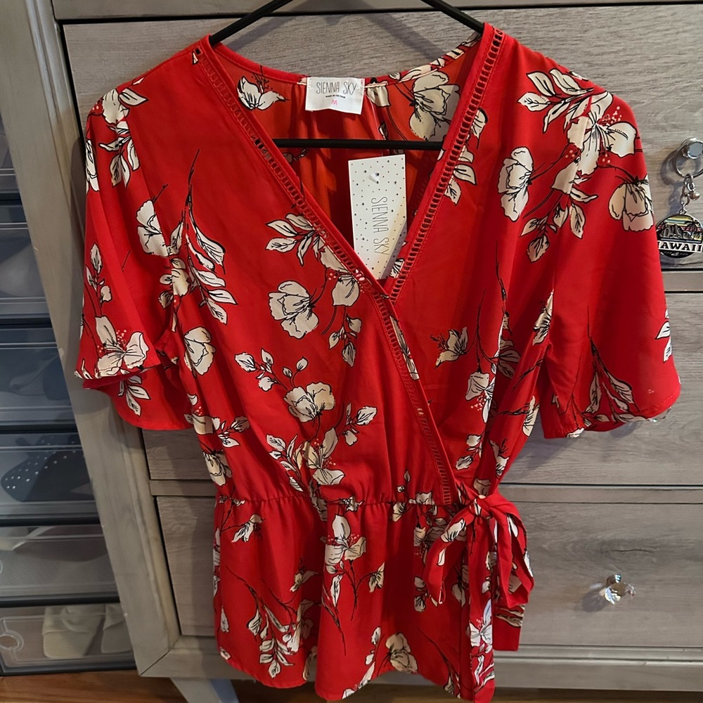 Soprano Red Floral Wrap Top